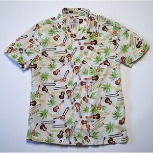 Resolution Men’s MEDIUM Hawaiian Ukulele Resort Button-Up Shirt Guitar Palm Tree